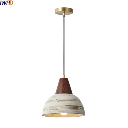 Rustic white & wood ceramic pendant light – kitchen led hanging lamp
