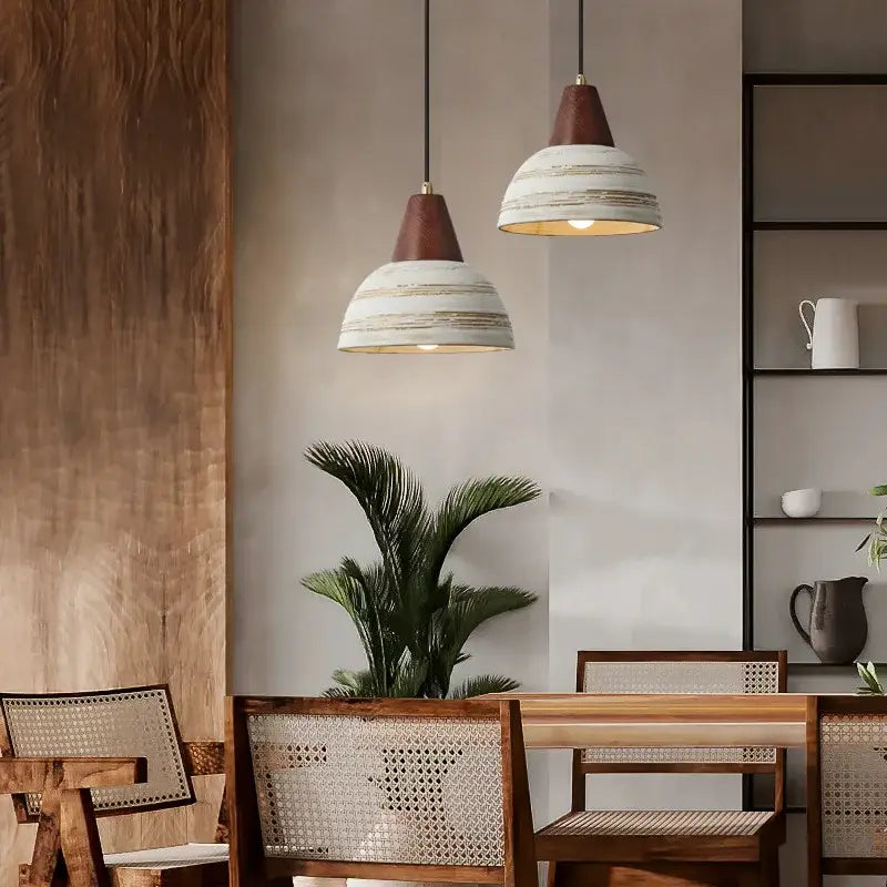 Rustic white & wood ceramic pendant light – kitchen led hanging lamp