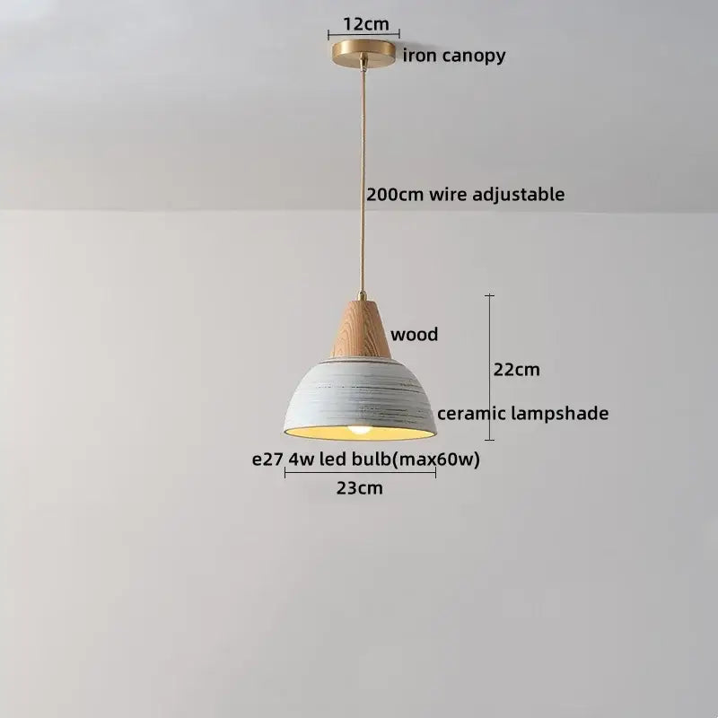Rustic white & wood ceramic pendant light – kitchen led hanging lamp