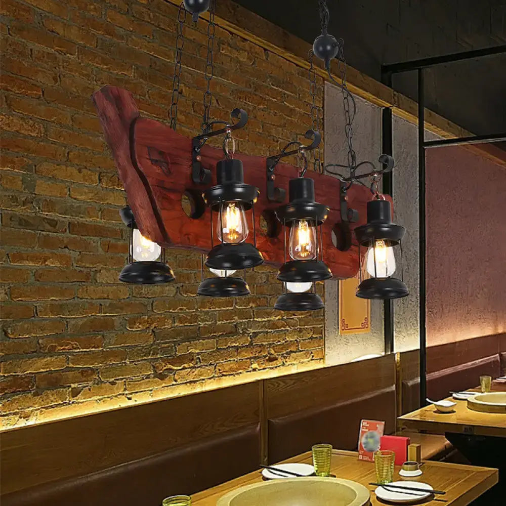 Rustic wood and black lantern pendant lamp dining room island light