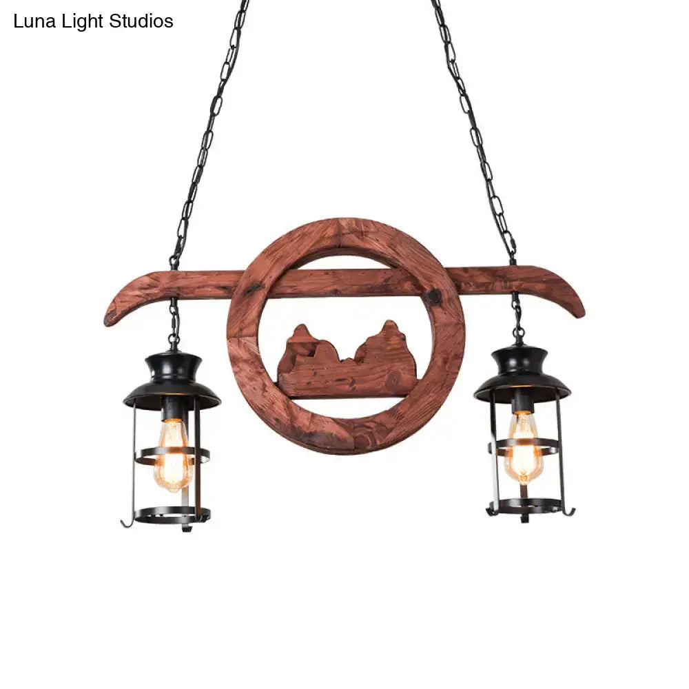 Rustic wood and black lantern pendant lamp dining room island light