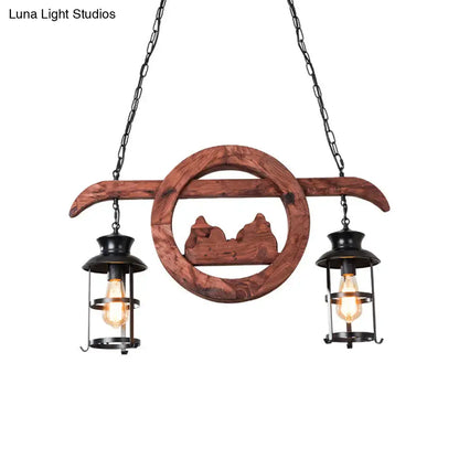 Rustic wood and black lantern pendant lamp dining room island light