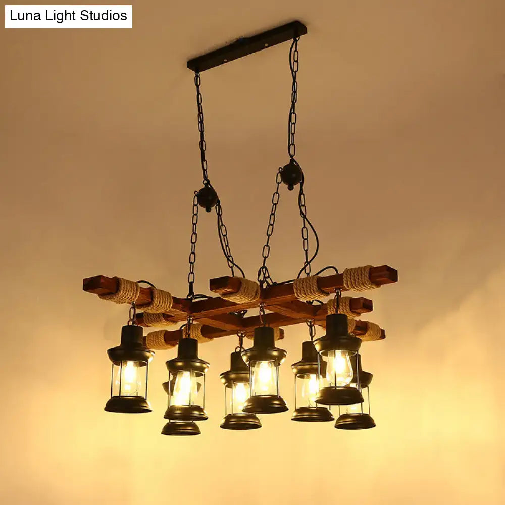 Rustic wood and black lantern pendant lamp dining room island light