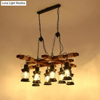 Rustic wood and black lantern pendant lamp dining room island light