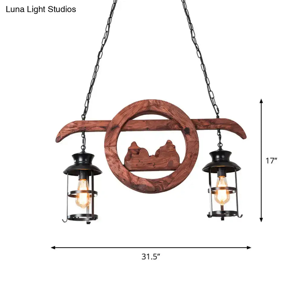Rustic wood and black lantern pendant lamp dining room island light