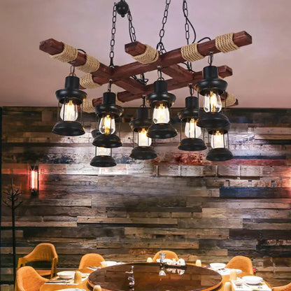 Rustic wood and black lantern pendant lamp dining room island light