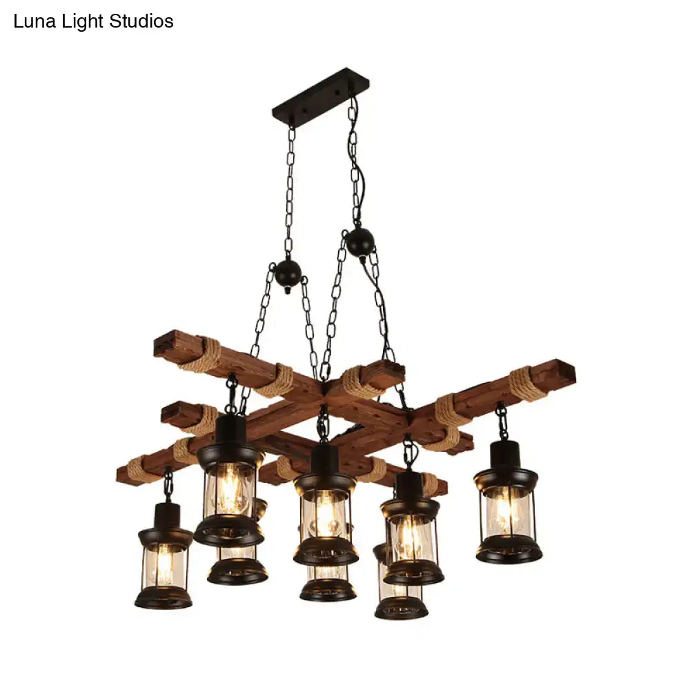 Rustic wood and black lantern pendant lamp dining room island light