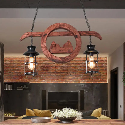Rustic wood and black lantern pendant lamp dining room island light