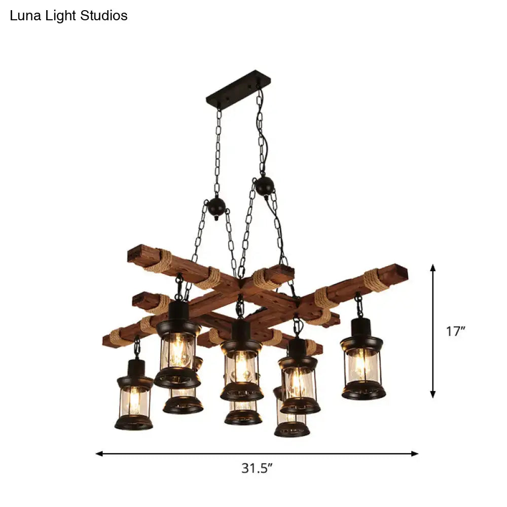 Rustic wood and black lantern pendant lamp dining room island light