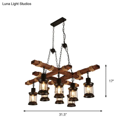 Rustic wood and black lantern pendant lamp dining room island light