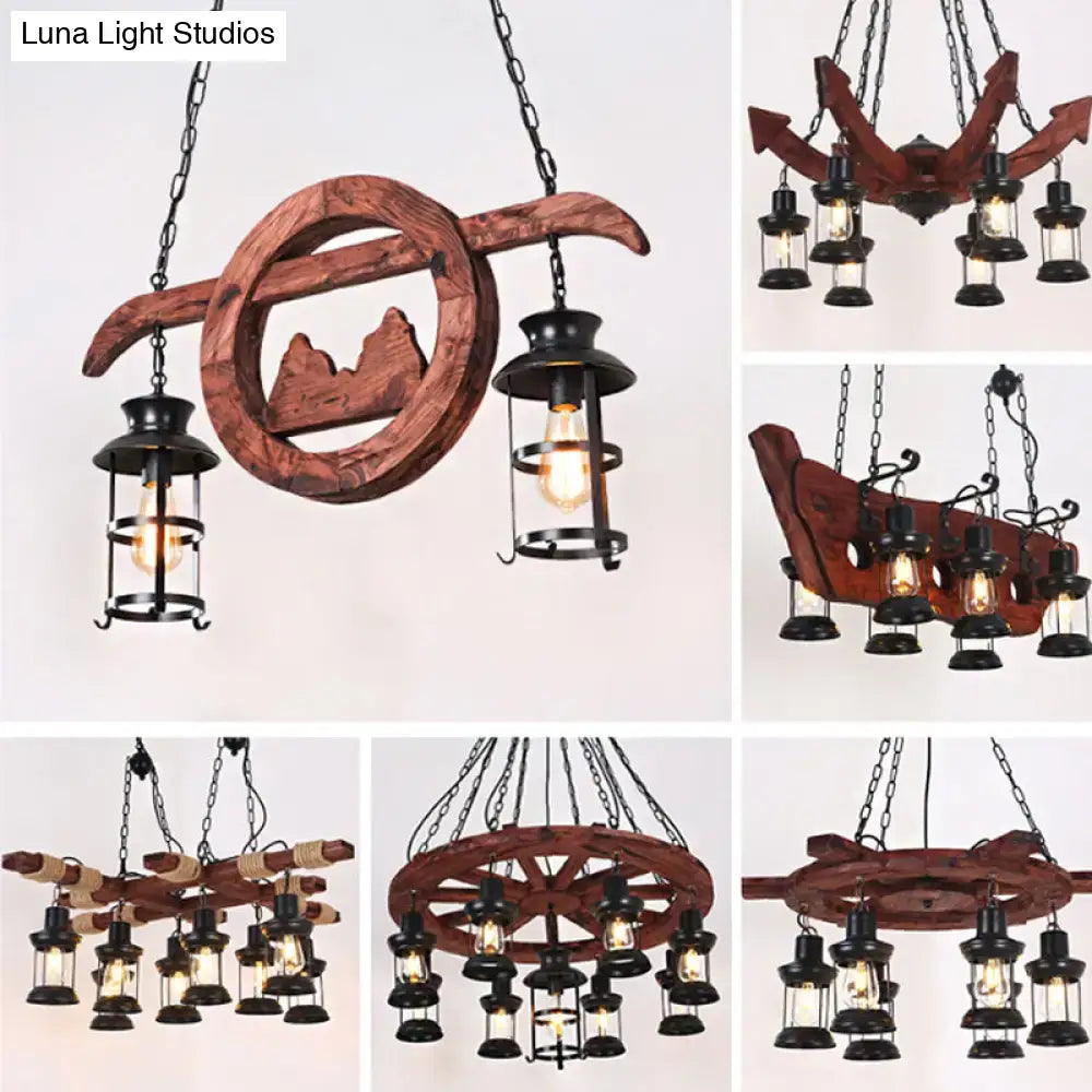 Rustic wood and black lantern pendant lamp dining room island light