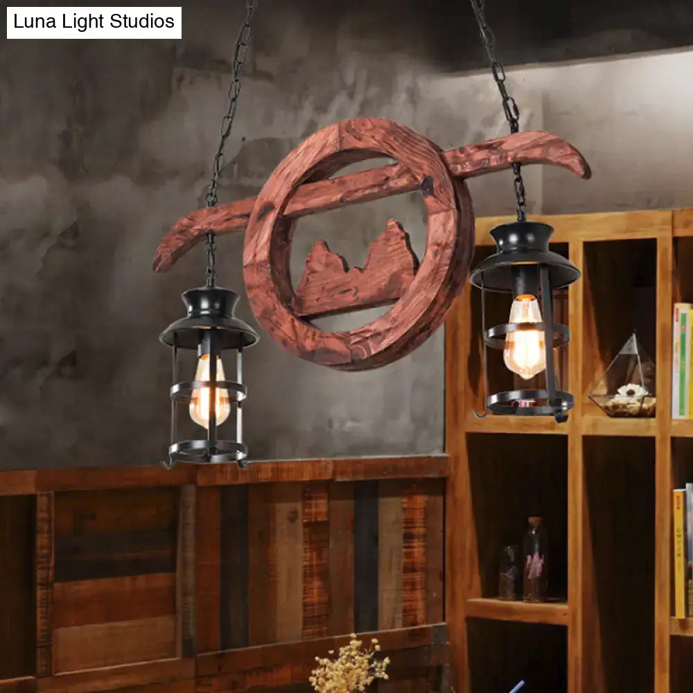 Rustic wood and black lantern pendant lamp dining room island light