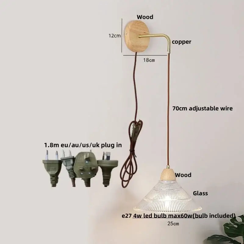 Rustic wood and brass wall light with clear glass pull chain switch