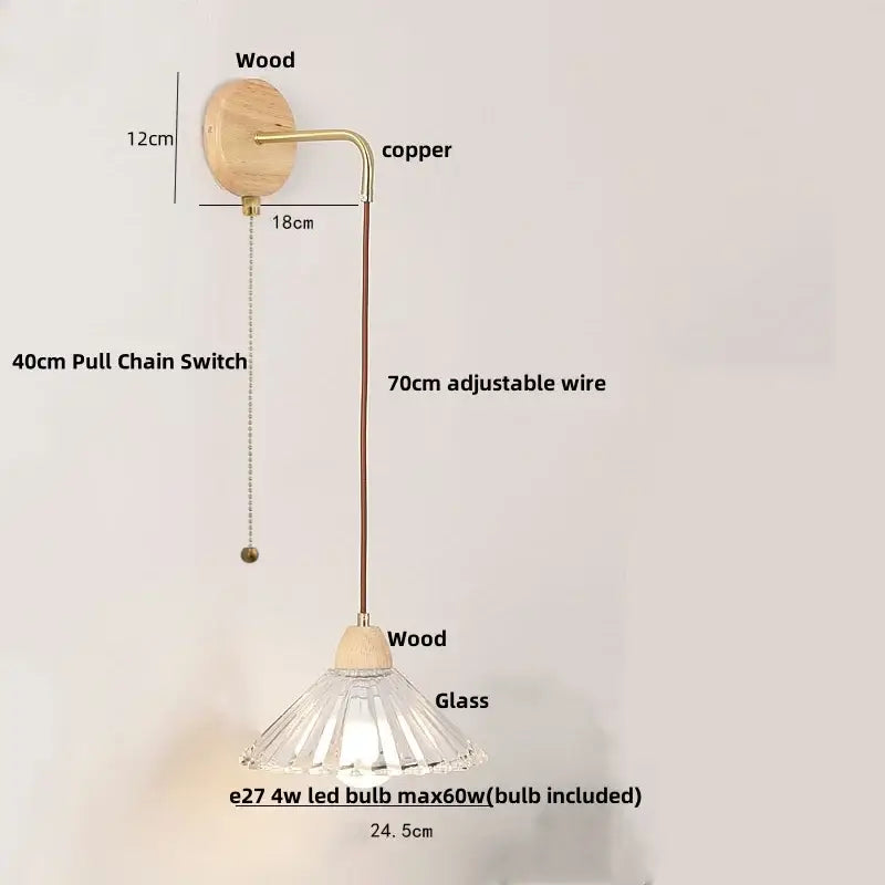 Rustic wood and brass wall light with clear glass pull chain switch