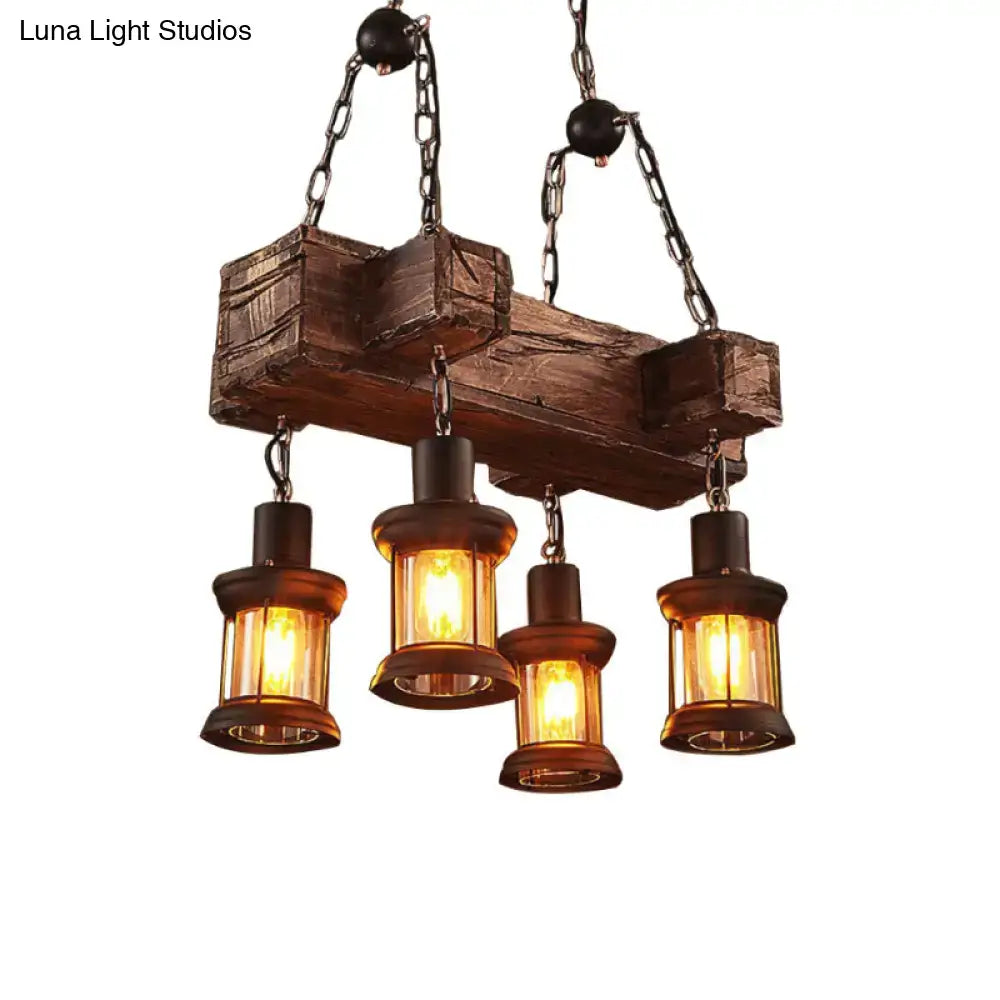 Rustic wood and brown 4 light glass lantern fixture dining room 120v
