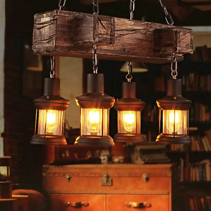 Rustic wood and brown 4 light glass lantern fixture dining room 120v