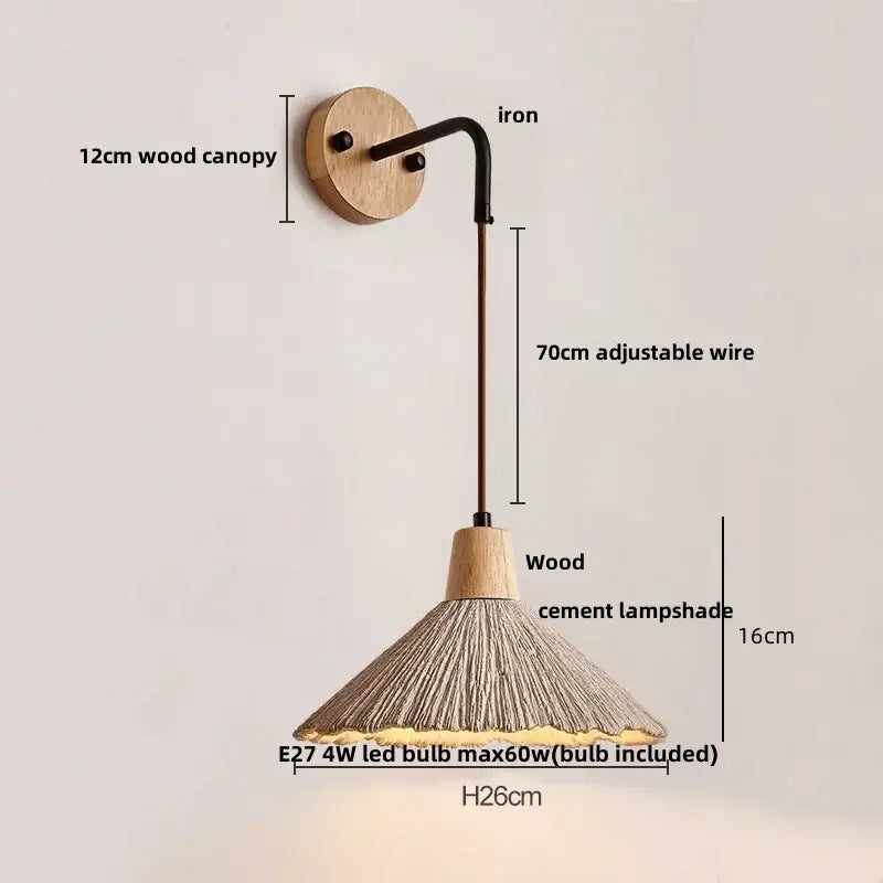 Rustic wood and gray wall light fixture bedroom sconce with pull chain