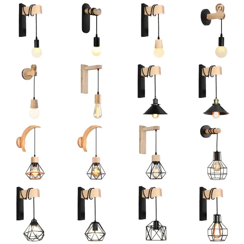 Rustic wood and iron wall sconce bedroom cage guard light