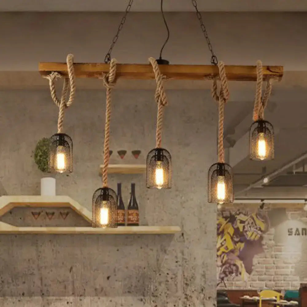Rustic wood and metal mesh bell pendant light dining room chandelier