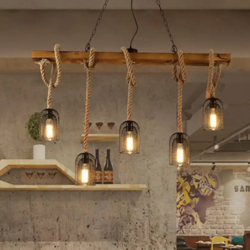 Rustic wood and metal mesh bell pendant light dining room chandelier