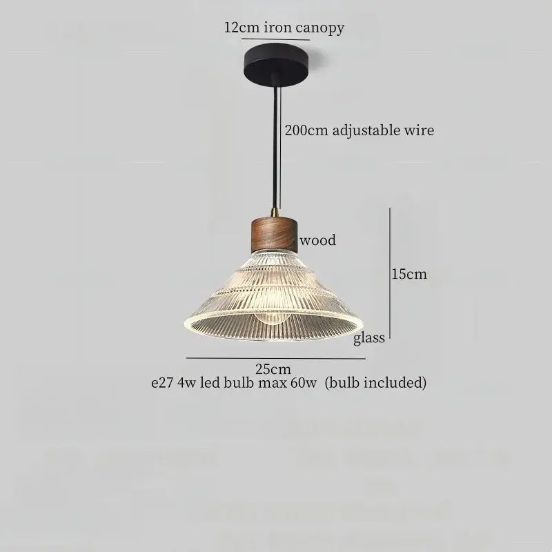 Rustic wood and ribbed glass led pendant light dining room