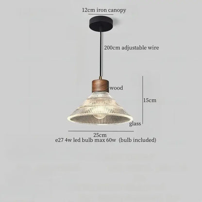 Rustic wood and ribbed glass led pendant light dining room