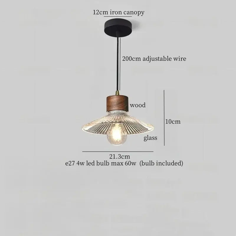 Rustic wood and ribbed glass led pendant light dining room