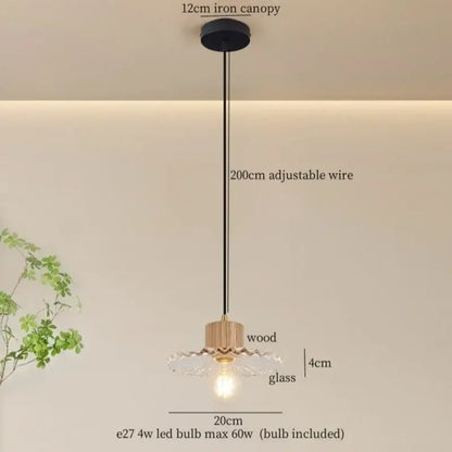 Rustic wood and ribbed glass led pendant light dining room