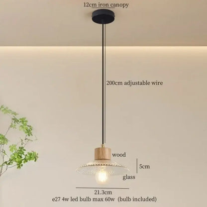 Rustic wood and ribbed glass led pendant light dining room