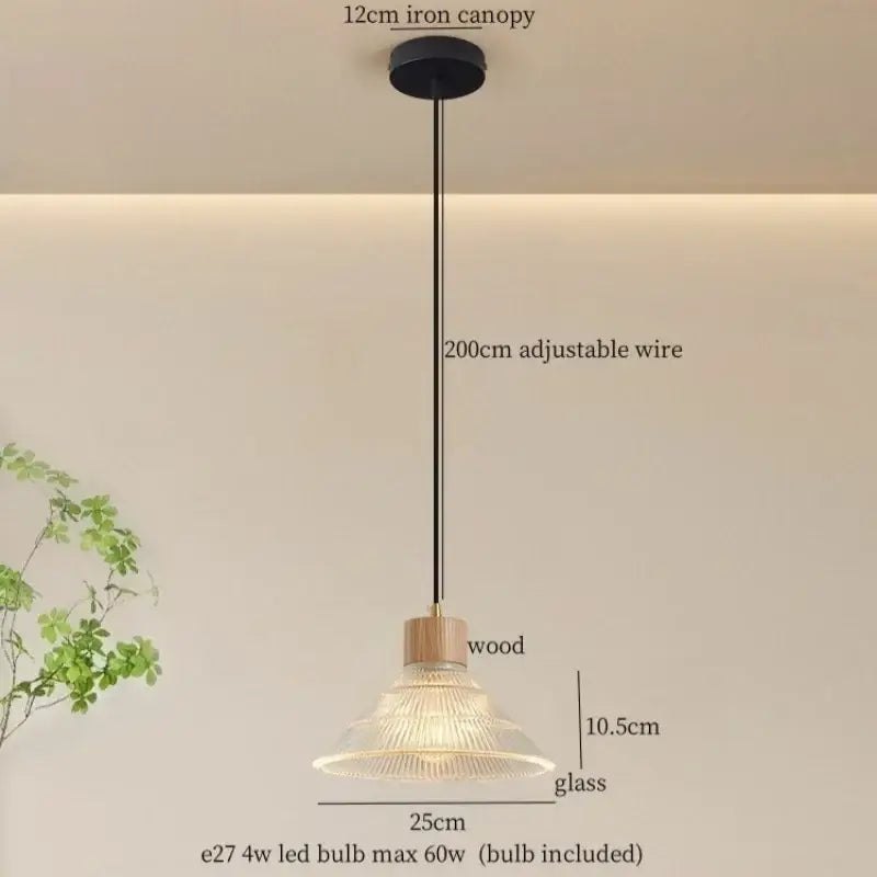 Rustic wood and ribbed glass led pendant light dining room