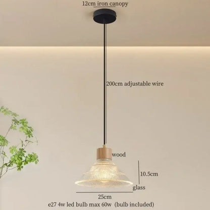 Rustic wood and ribbed glass led pendant light dining room