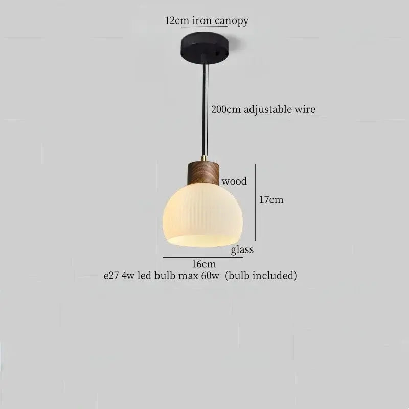 Rustic wood and ribbed glass led pendant light dining room