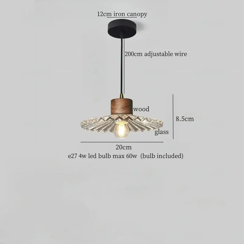 Rustic wood and ribbed glass led pendant light dining room