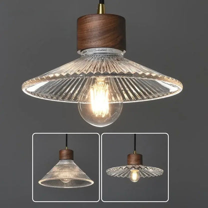 Rustic wood and ribbed glass led pendant light dining room