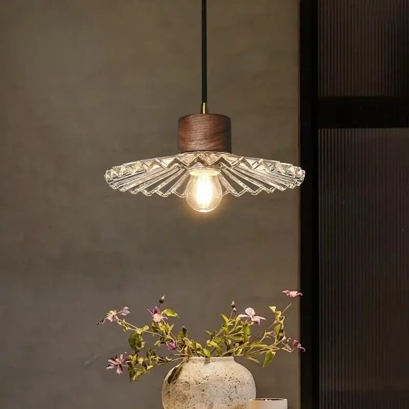 Rustic wood and ribbed glass led pendant light dining room