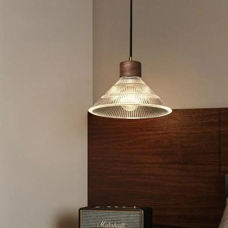 Rustic wood and ribbed glass led pendant light dining room