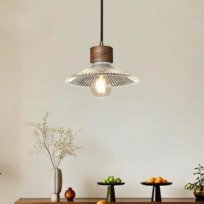 Rustic wood and ribbed glass led pendant light dining room