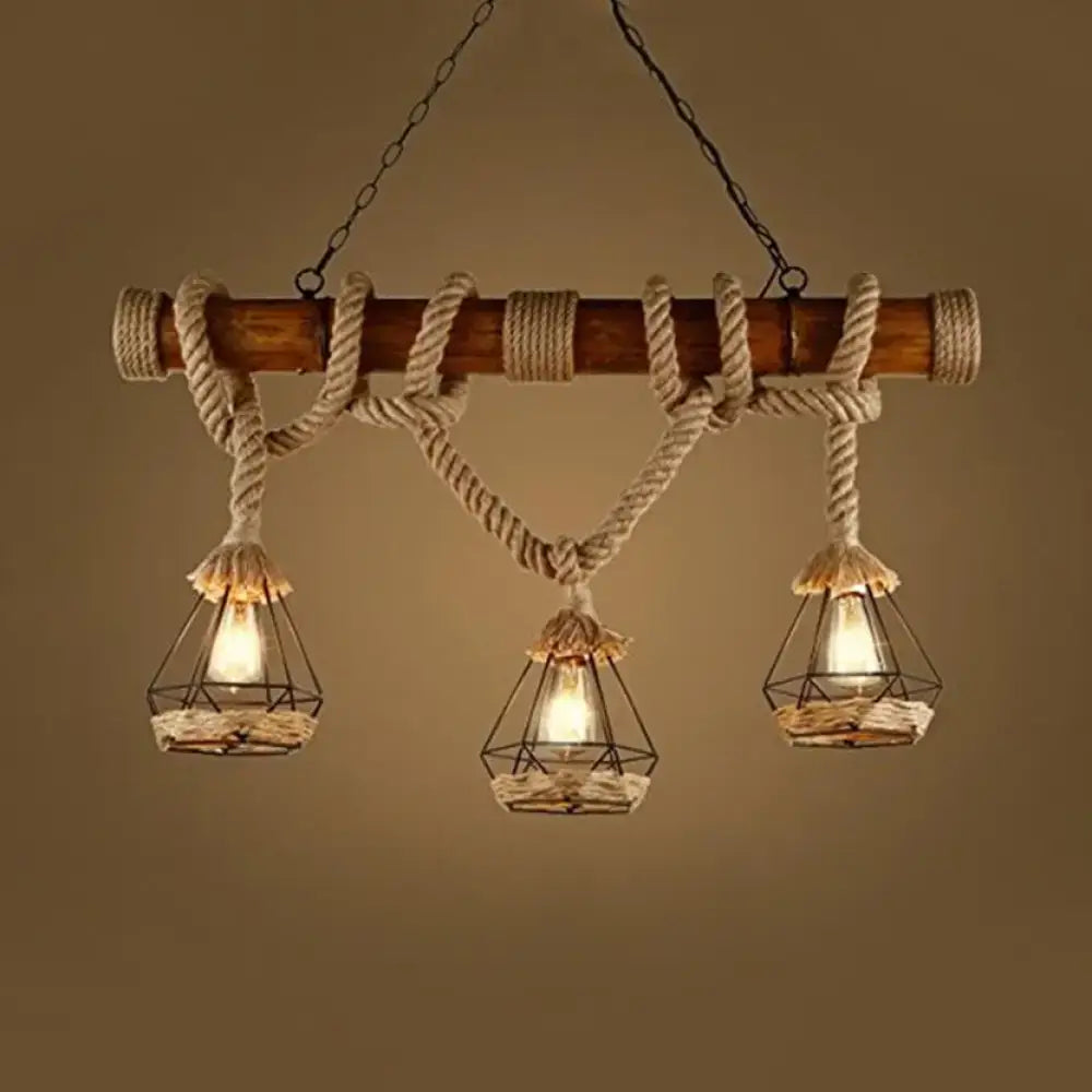 Rustic wood and rope island pendant diamond cage dining room light