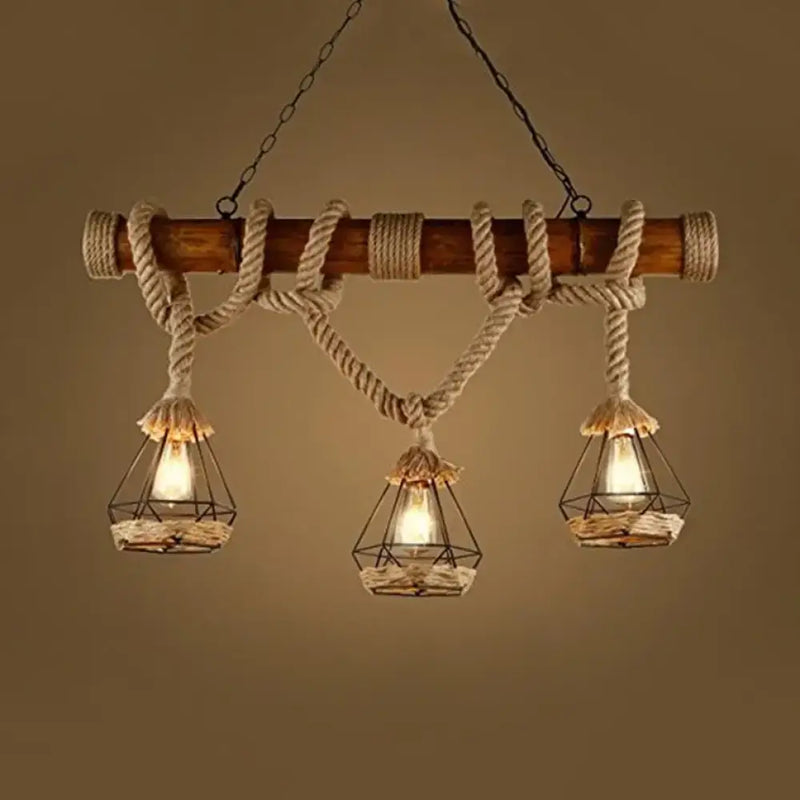 Rustic wood and rope island pendant diamond cage dining room light