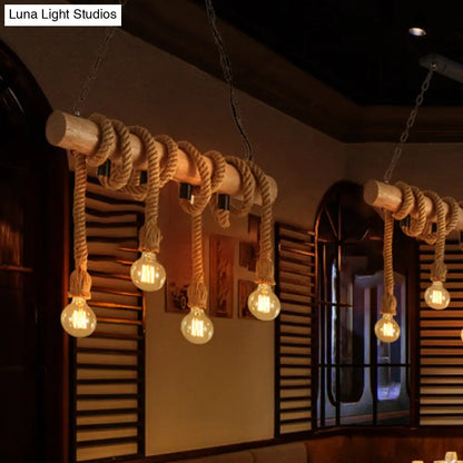DecorBites™ Rustic Wood and Rope Island Pendant Light Fixture - 4-Head Open Bulb Suspension Lighting