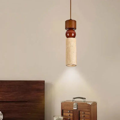 Rustic wood and travertine pendant lamp dining room columnar stone led