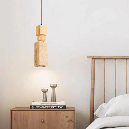 Rustic wood and travertine pendant lamp dining room columnar stone led