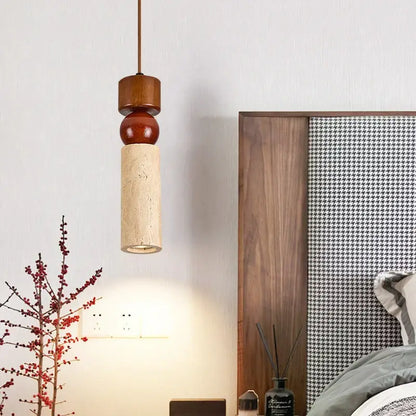 Rustic wood and travertine pendant lamp dining room columnar stone led