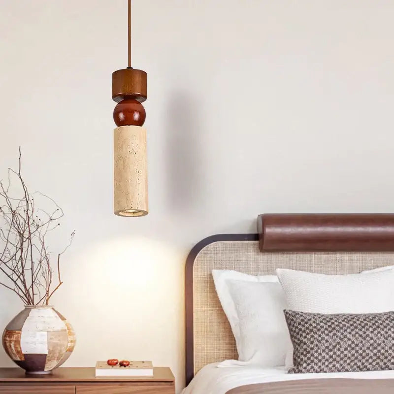 Rustic wood and travertine pendant lamp dining room columnar stone led
