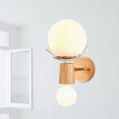 Rustic wood and white globe sconce wall lamp for stairways