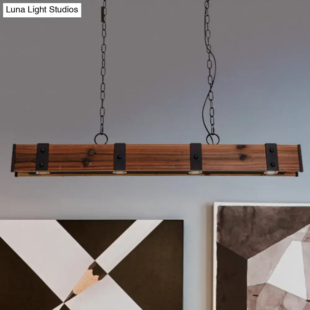 Rustic wood beam kitchen island pendant with black finish and 4 lights