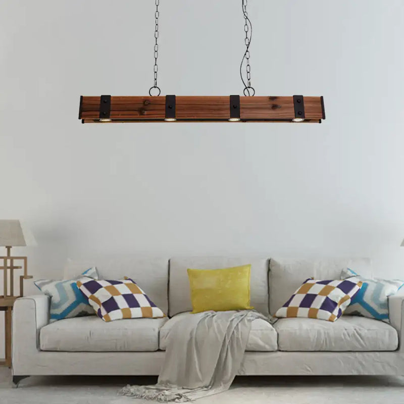 Rustic wood beam kitchen island pendant with black finish and 4 lights