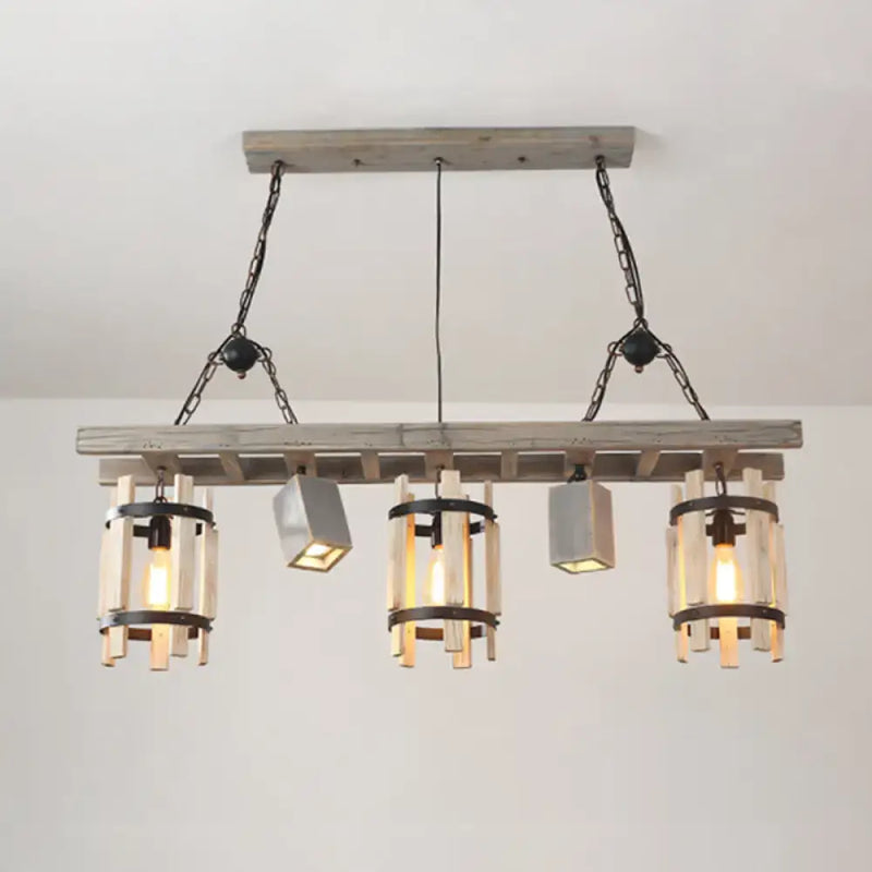 Rustic wood cylinder frame ceiling light dining room grey & brown