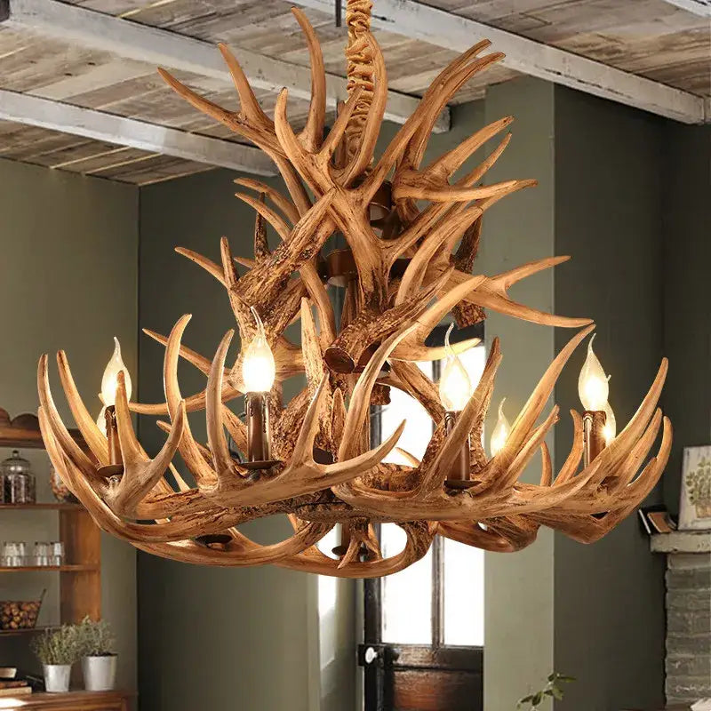 Rustic wood finish deer antler chandelier dining room light