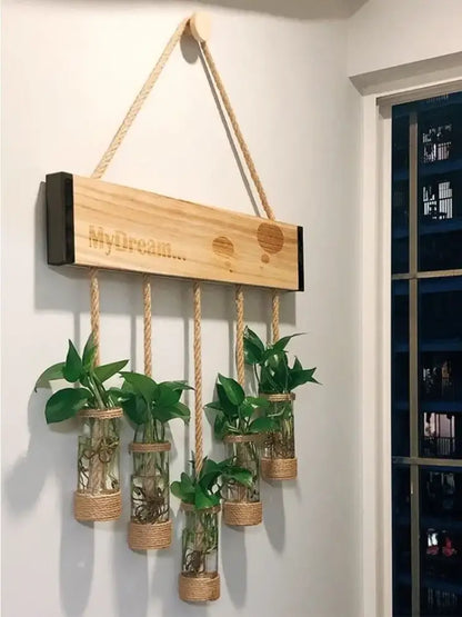 Rustic wood glass planter vase living room wall hanging decor